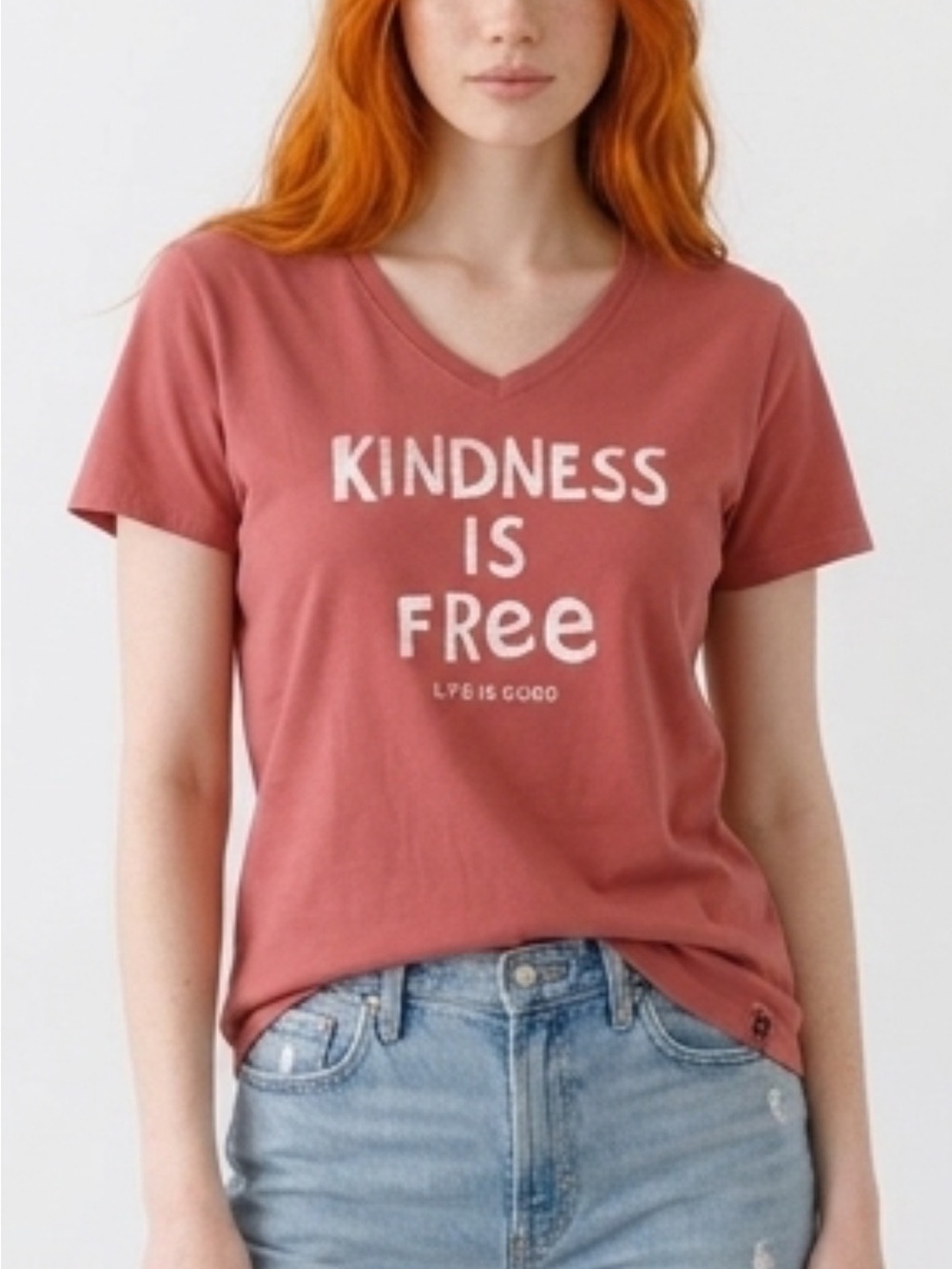Life Is Good Rust V-Neck Tee with White Text
